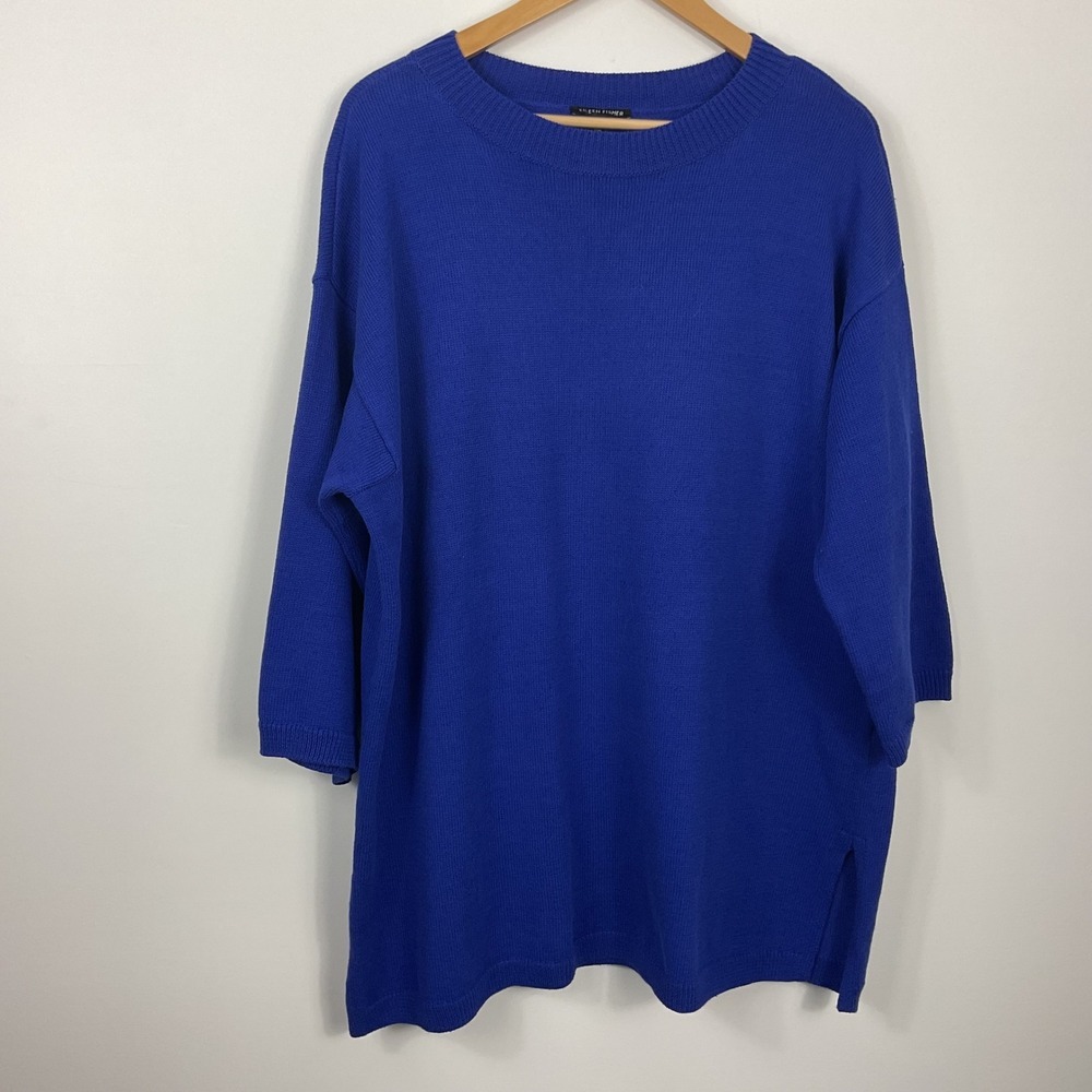 Eileen Fisher Mock Neck Blue Organic Cotton Linen Sweater Womens L/XL